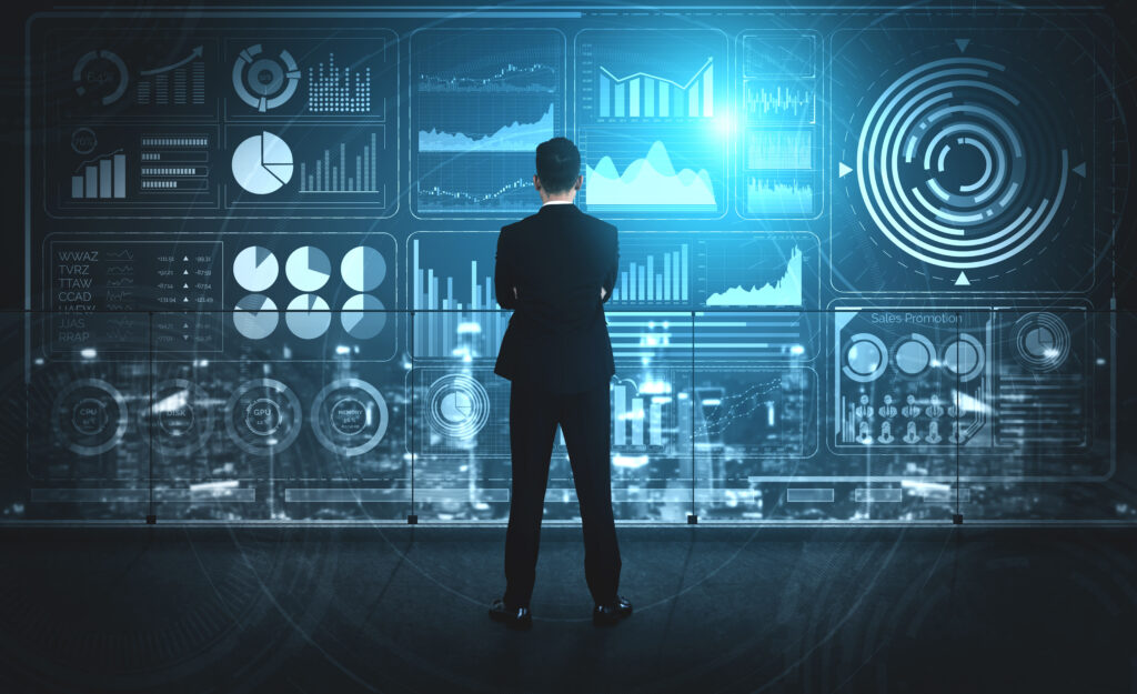 Big Data Technology for Business Finance Analytic Concept Modern graphic interface shows massive information of business sale report profit chart and stock market trends analysis on screen monitor - 総合経営コンサルタント いなかん